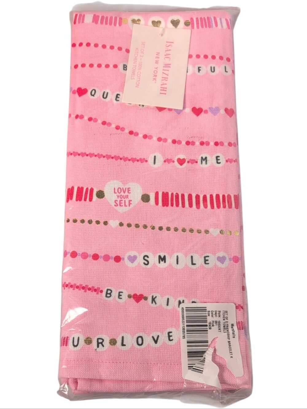 Isaac Mizrahi Set of 3 Pink & White Friendship Bracelet Valentine Kitchen Towels